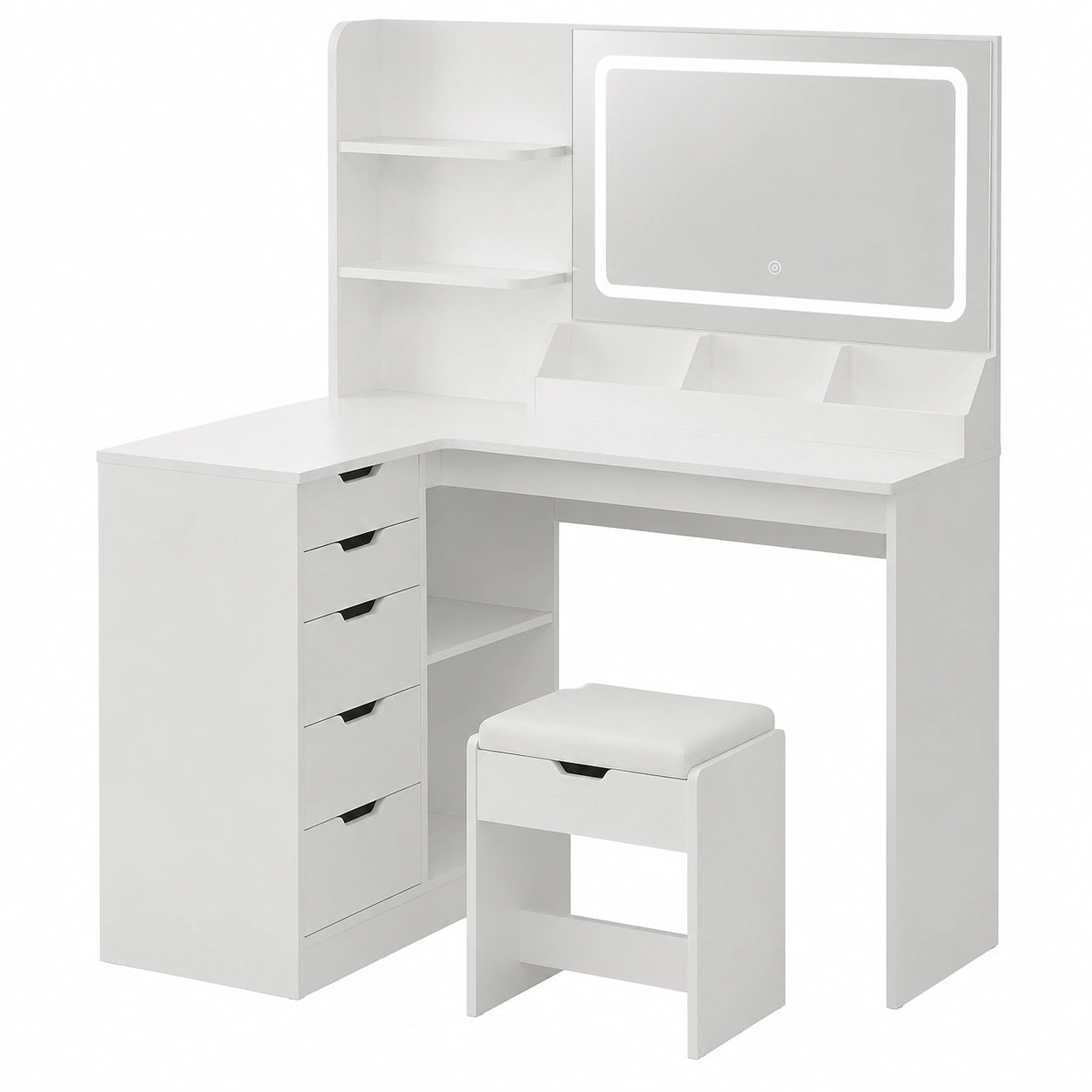 Coiffeuse, avec tiroirs, avec éclairage LED, avec prise intégrée, coloris blanc, pour la chambre
