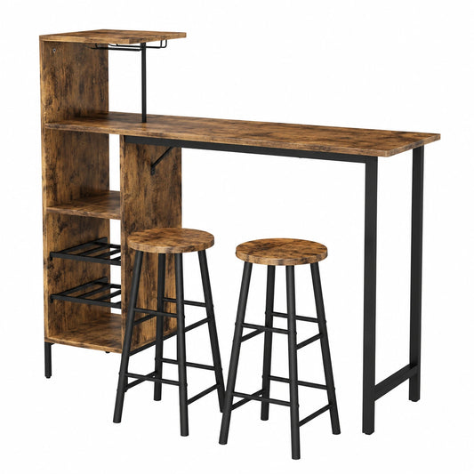 Table de bar, en chêne, avec 2 tabourets, avec rangement, coloris noir, 121,5 x 40 cm, pour la cuisine ou l’espace repas