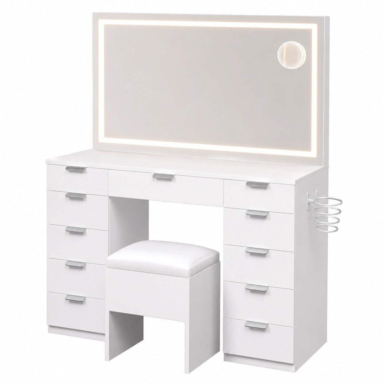 Coiffeuse, réglable, avec tiroirs, avec éclairage LED, coloris blanc, pour la chambre