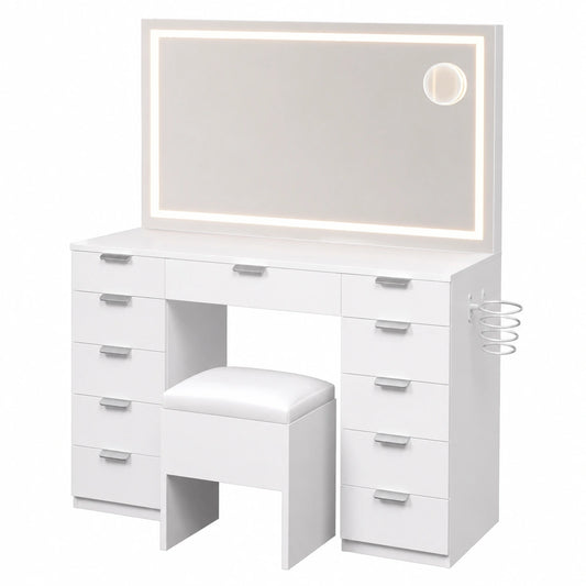 Coiffeuse, réglable, avec tiroirs, avec éclairage LED, coloris blanc, pour la chambre