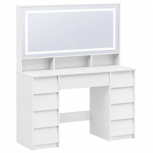 Coiffeuse, avec rangement, avec tiroirs, avec éclairage LED, coloris blanc, pour la chambre