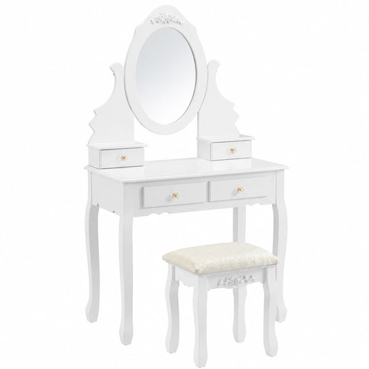 Coiffeuse, avec 1 tabouret, avec tiroirs, en panneaux de bois, coloris blanc, 141 x 75 x 40 cm, pour la chambre