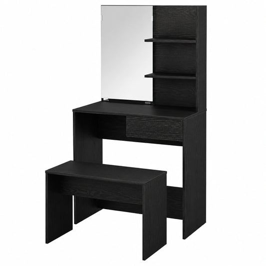 Coiffeuse, avec tiroirs, avec étagères, en chêne, coloris noir, pour la chambre