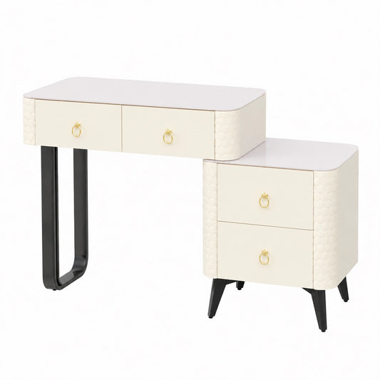 Coiffeuse, extensible, avec tiroirs, en verre trempé et cuir, coloris blanc, pour la chambre